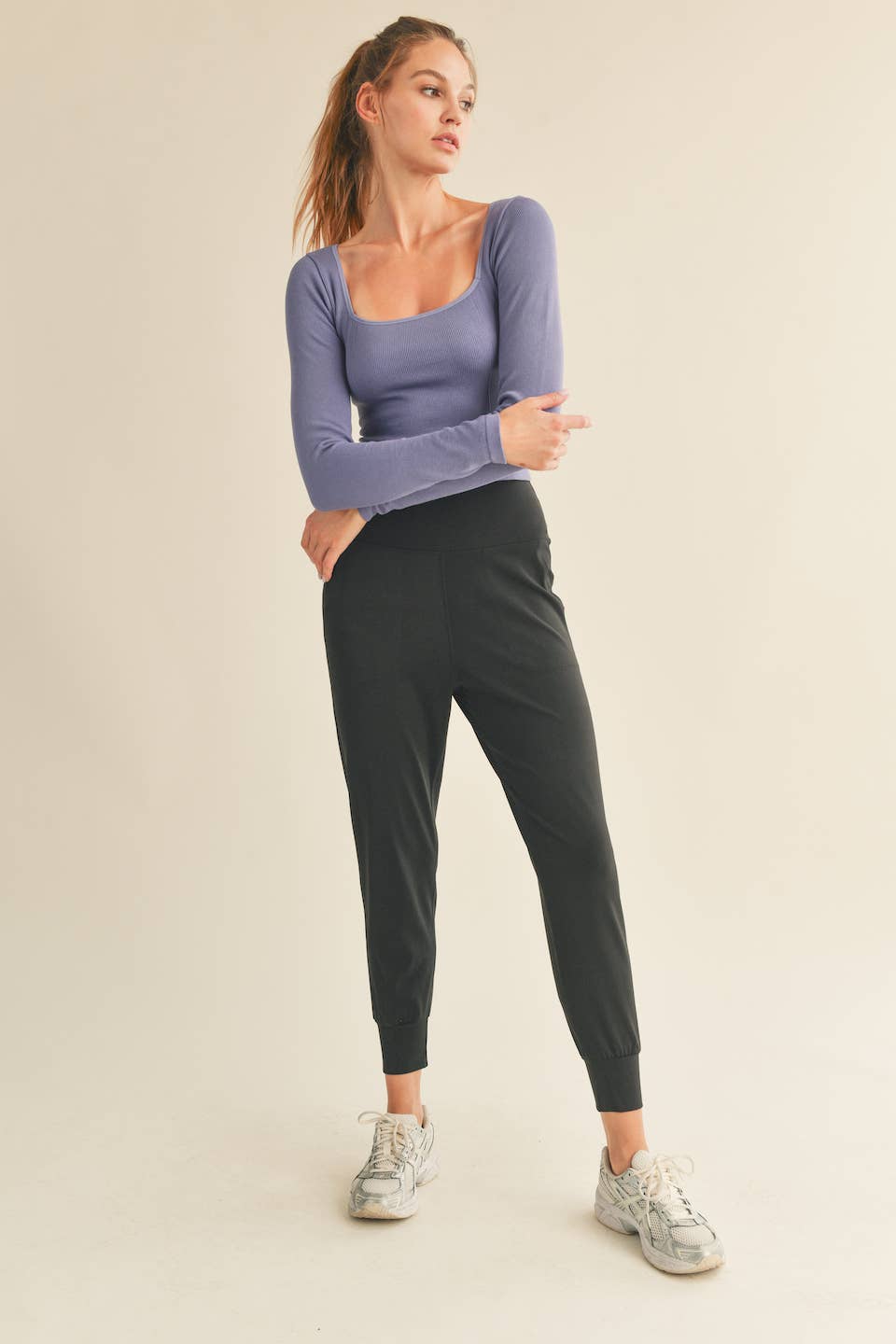 Violet Square-Neck Seamless Long Sleeve Top