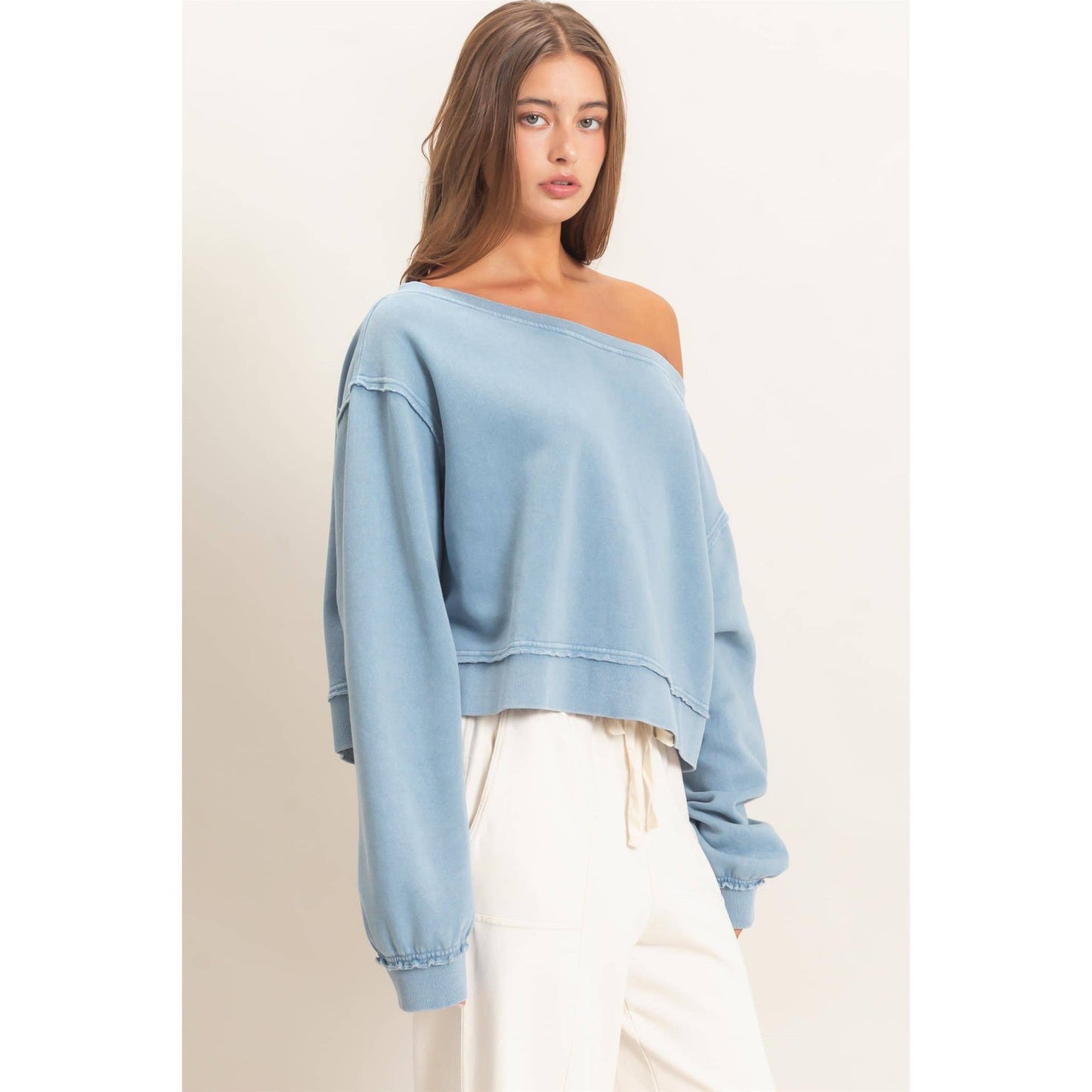 Raw Edge Acid Wash Off The Shoulder Sweatshirt
