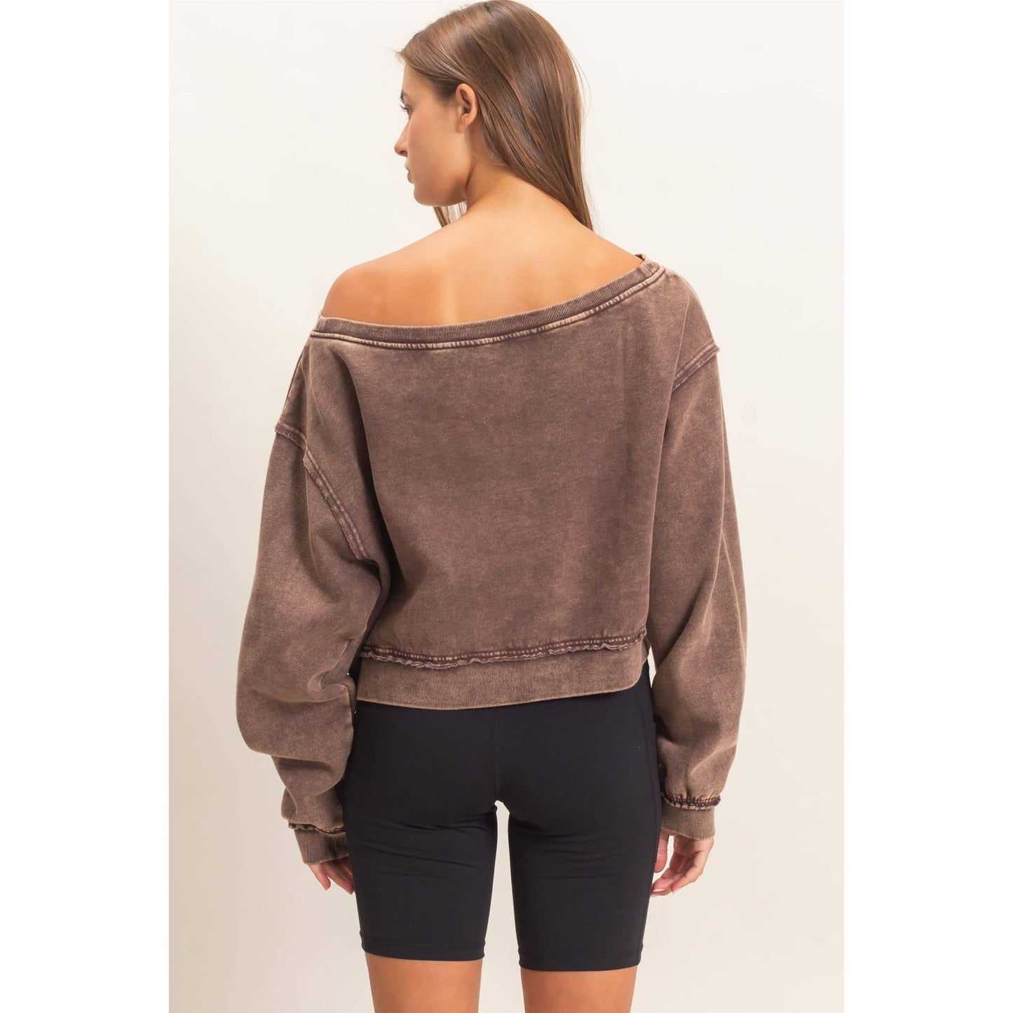 Raw Edge Acid Wash Off The Shoulder Sweatshirt