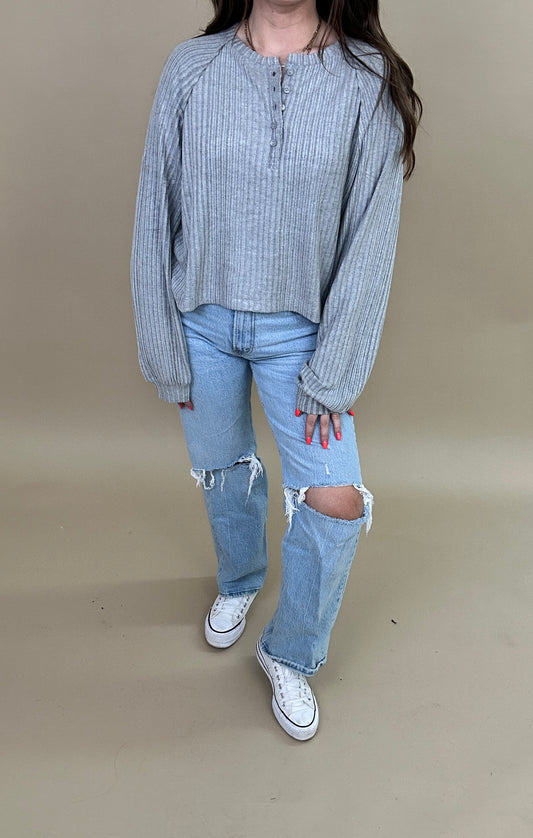 Brushed Ribbed Oversized Henley Top