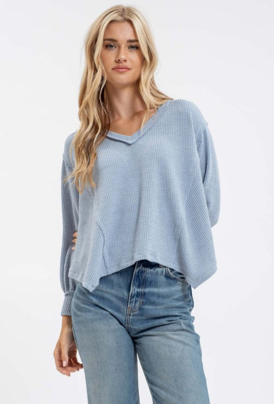 V Neck Asymmetrical hem long sleeve