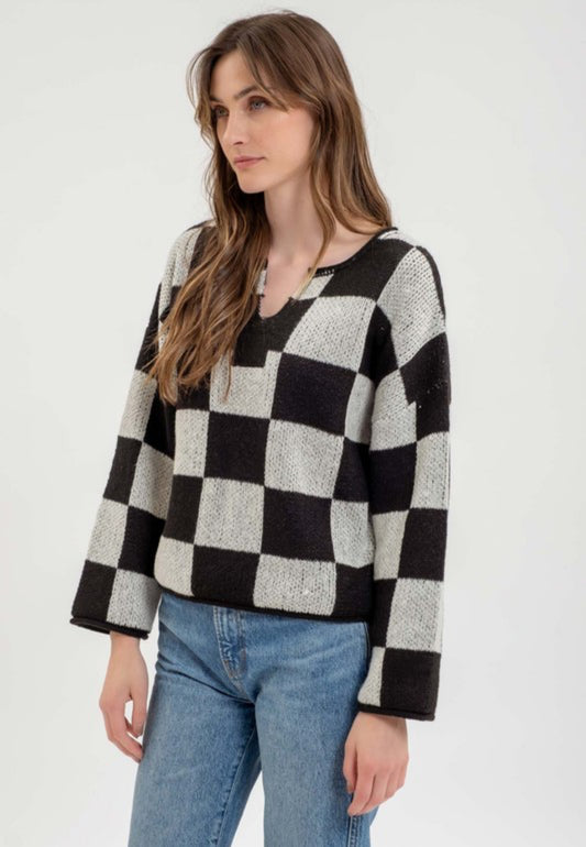 Checkered Split Neck Sweater