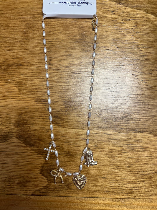 Gold Rice Pearl with Boot, Heart, Bow Necklace