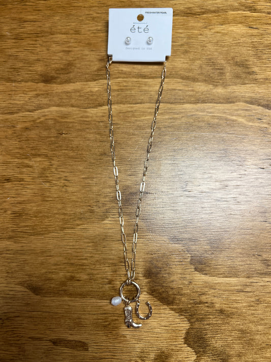 Cowboy Boot, Pearl and Horseshoe Charm Necklace