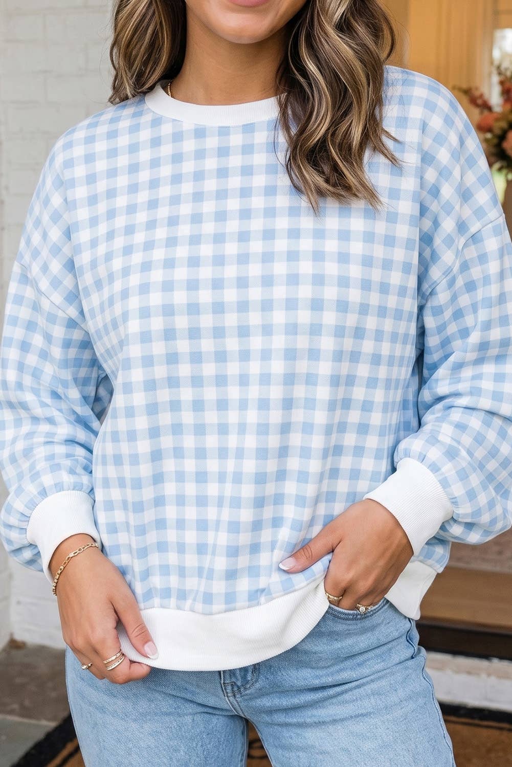 LAS Plaid Colorblock Trim Baggy Sleeve Sweatshirt (S-XL)