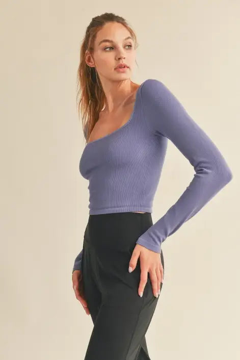 Violet Square-Neck Seamless Long Sleeve Top