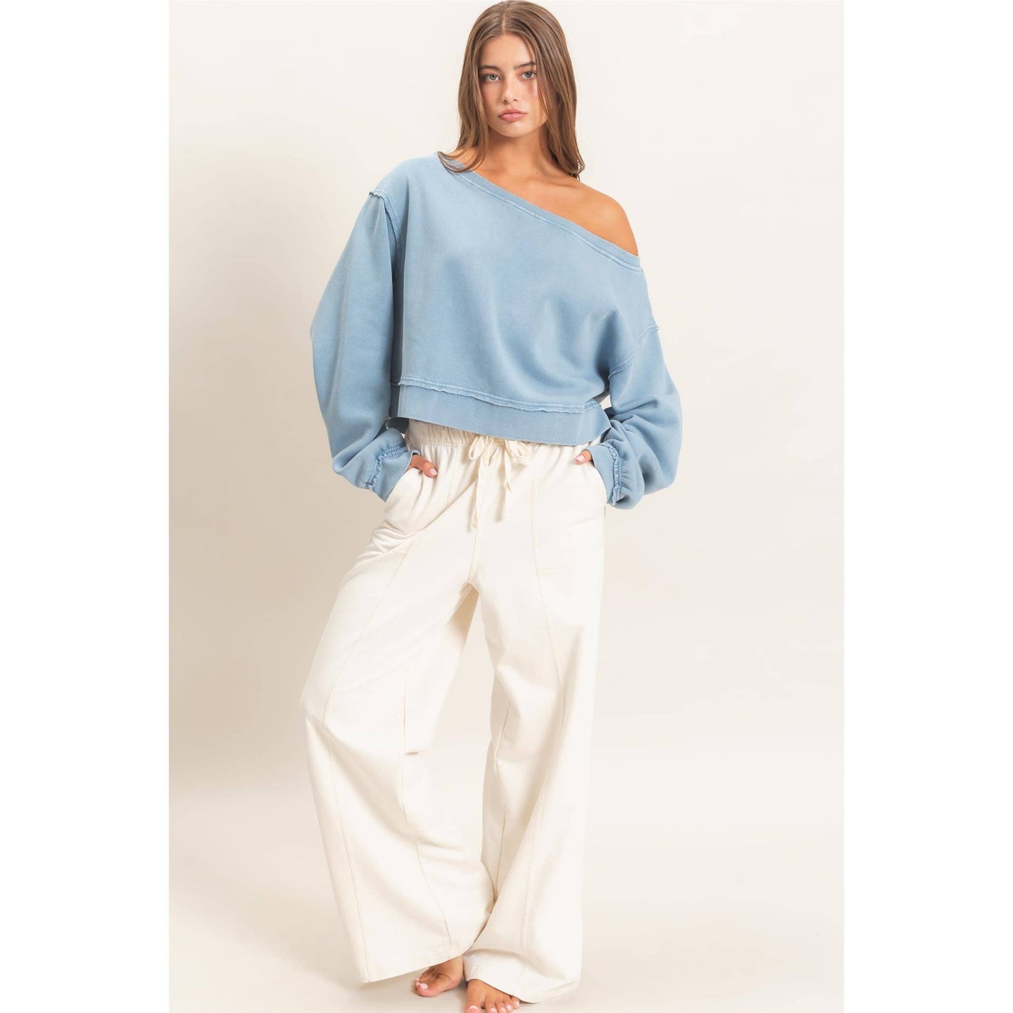 Raw Edge Acid Wash Off The Shoulder Sweatshirt
