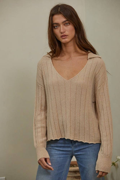 Knit Sweater V-Neck Collar Neck Ribbed Top