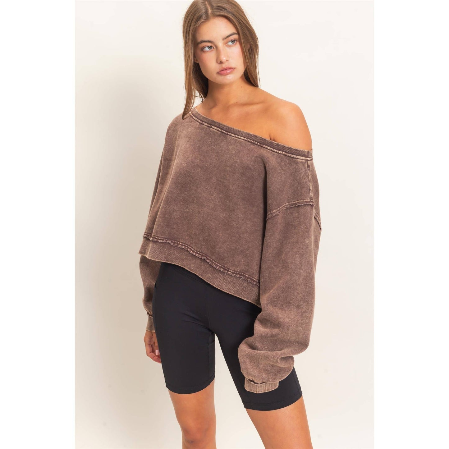Raw Edge Acid Wash Off The Shoulder Sweatshirt