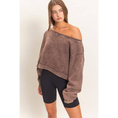 Raw Edge Acid Wash Off The Shoulder Sweatshirt