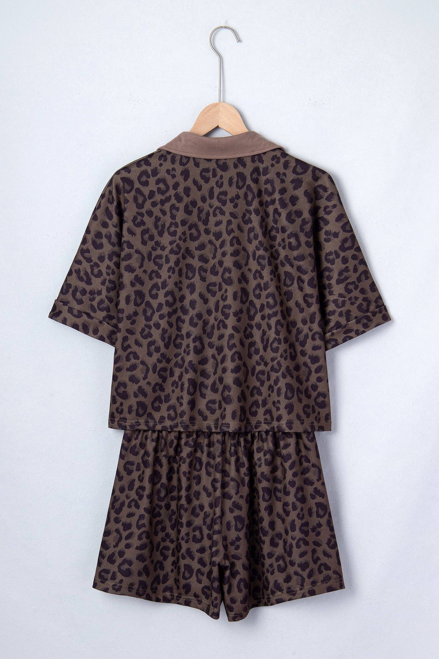 Leopard Collared V-Neck Top & Shorts Set