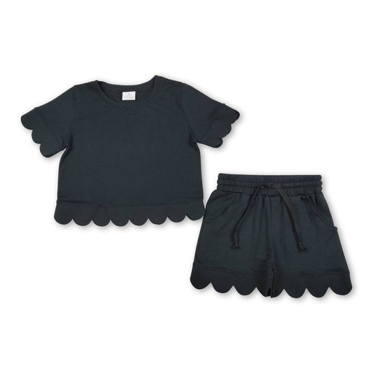 Short sleeves black scallop top shorts girls summer outfit